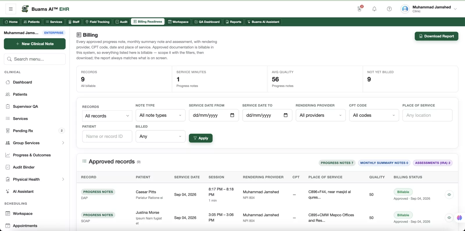 The billing readiness screen in Buams AI: counts of billable records, service minutes and not-yet-billed items, filters for rendering provider, CPT code and place of service, and approved records listed with their billable status and approval date.