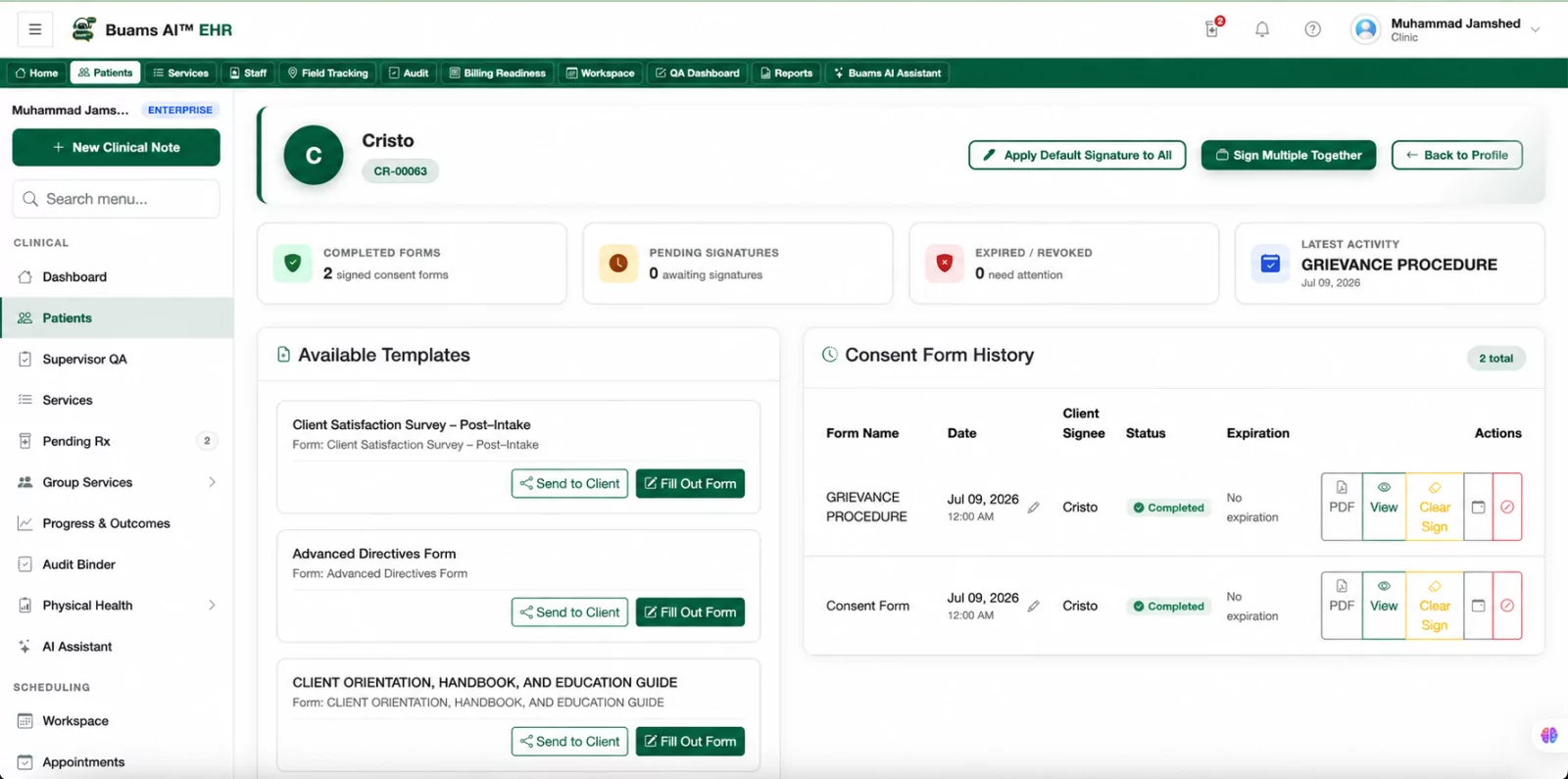 Consent forms on a client chart in Buams AI: counts of completed forms, pending signatures and expired or revoked forms, a template library with send-to-client and fill-in-session actions, and a history table listing each form with its date, signee, status and expiration.